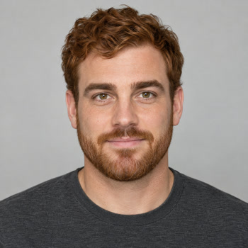 Fictional adult man with auburn curls and a short beard used for this demo