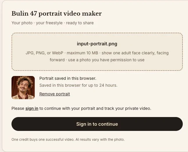 Bulin 47 generator with a selected portrait, Remove portrait control and Sign in to continue button