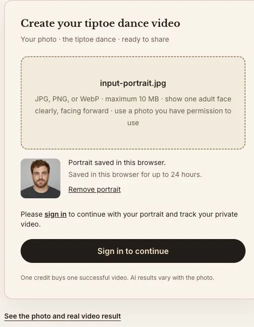Rumpelstiltskin video maker showing a selected portrait and the Sign in to continue button